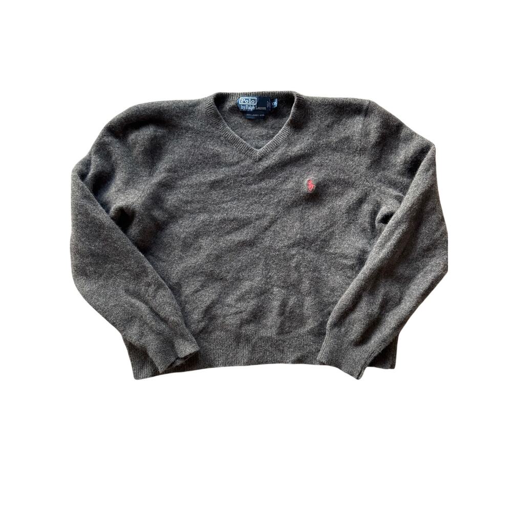 Polo by Ralph Lauren Deep Olive Green Lambs Wool Shrunken Sweater Orange Pony